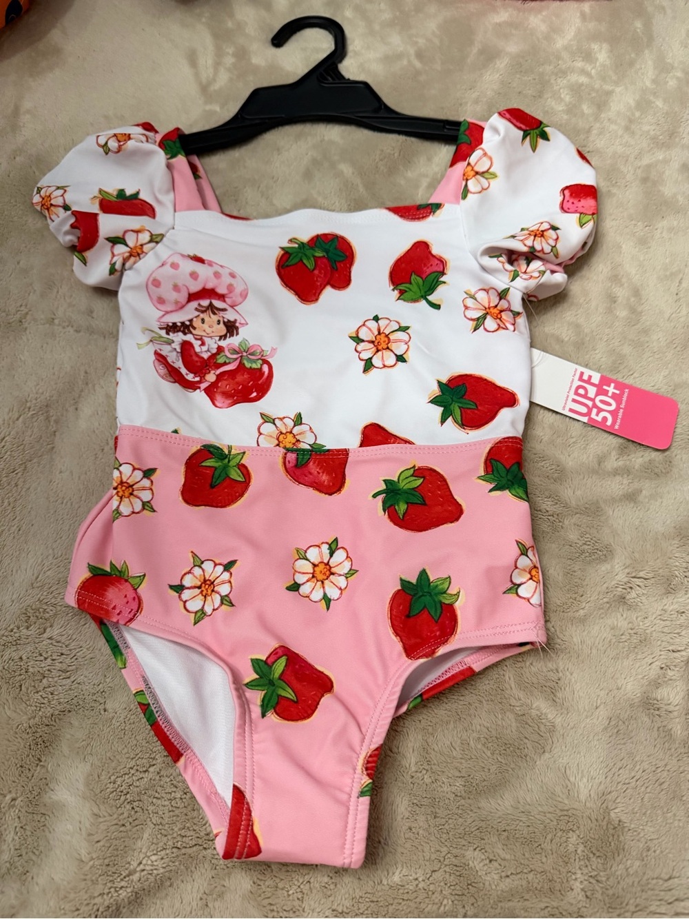 wonder nation Strawberry Shortcake Print Girls One-Piece Swimsuit - Pink & White